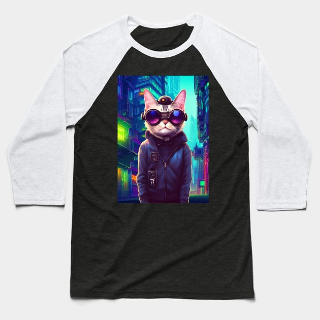 Techno Cat In Japan Neon City Baseball T-Shirt by star trek fanart and more